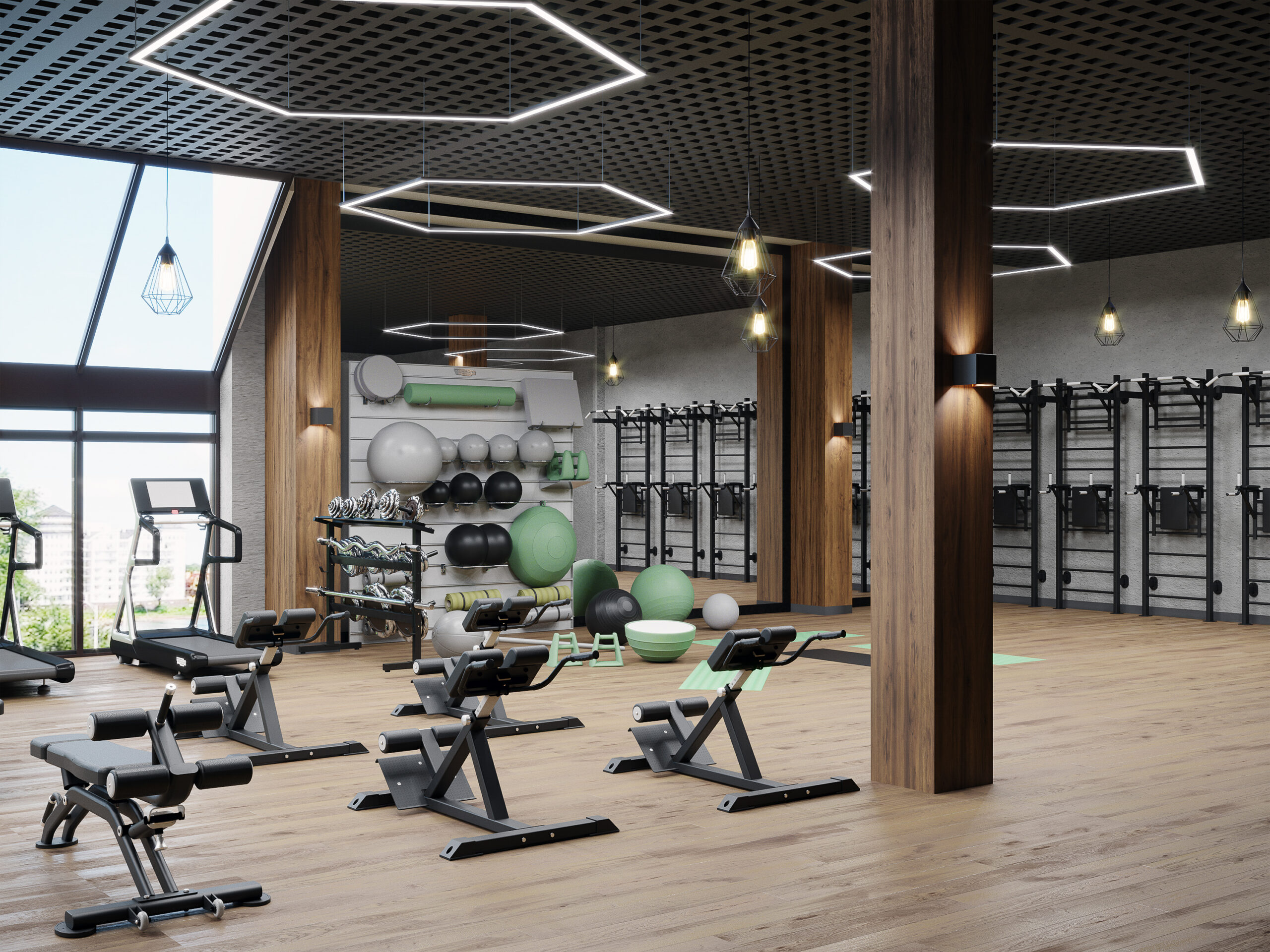 modern gym interior with sport and fitness equipment, fitness ce