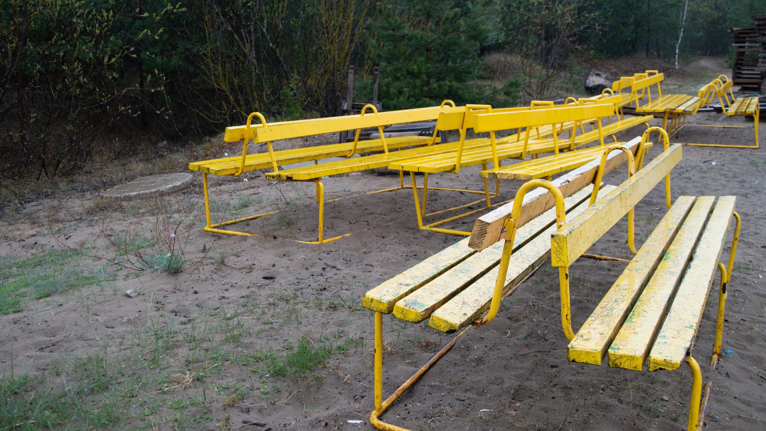summer beach benches grouped in a cluster yellow 2023 11 27 05 08 54 utc