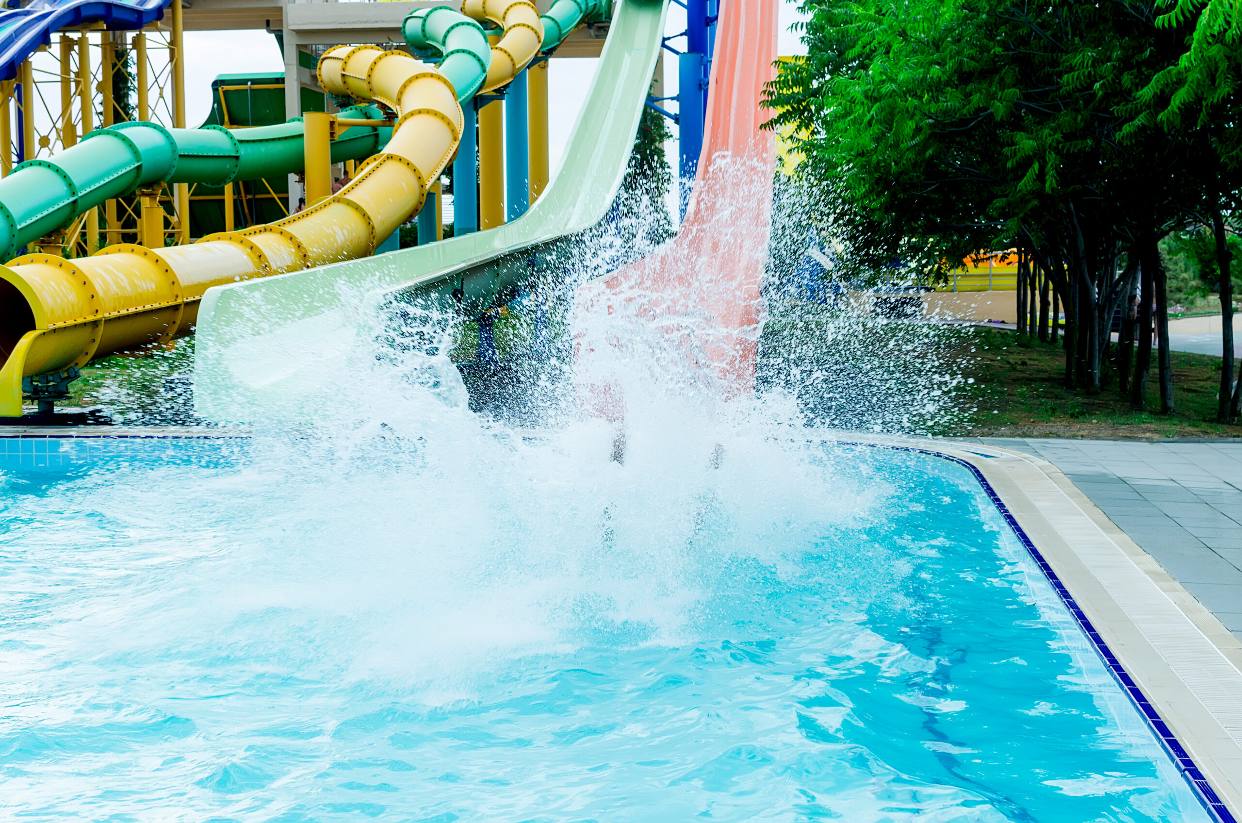 water park slides. sunny summer day
